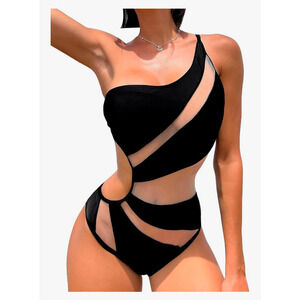 Women’s Black One Shoulder Cutout Mesh One Piece Swimsuit - Sz S